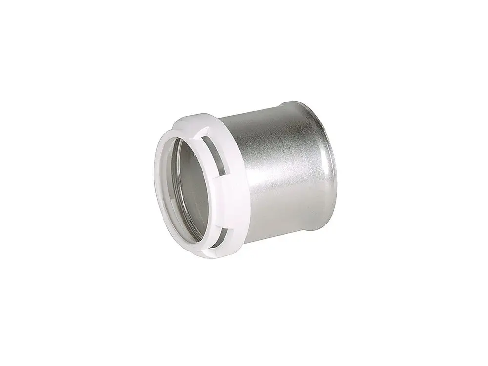Ersatz-Presshülse von Fränkische, mit einem silbernen Metallgehäuse und einem weißen Fixierring, zur Verbindung von Rohrleitungen in Heizungs- oder Sanitäranlagen.